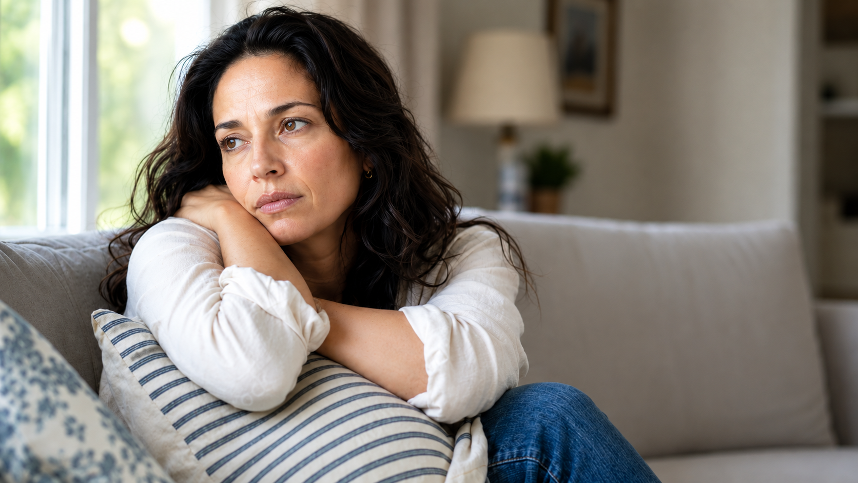 A woman in her forties sitting quietly by a window, wondering if what she's feeling could be perimenopause